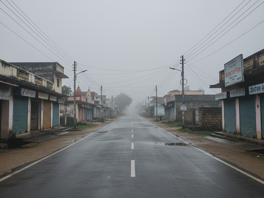 Deserted town street during early morning fog, lined with closed shops, electric poles, and wet asphalt road fading into mist.