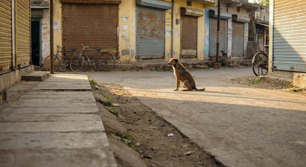 A lone stray dog sitting on a quiet street in a small town, with shuttered shops and parked bicycles in soft morning light.