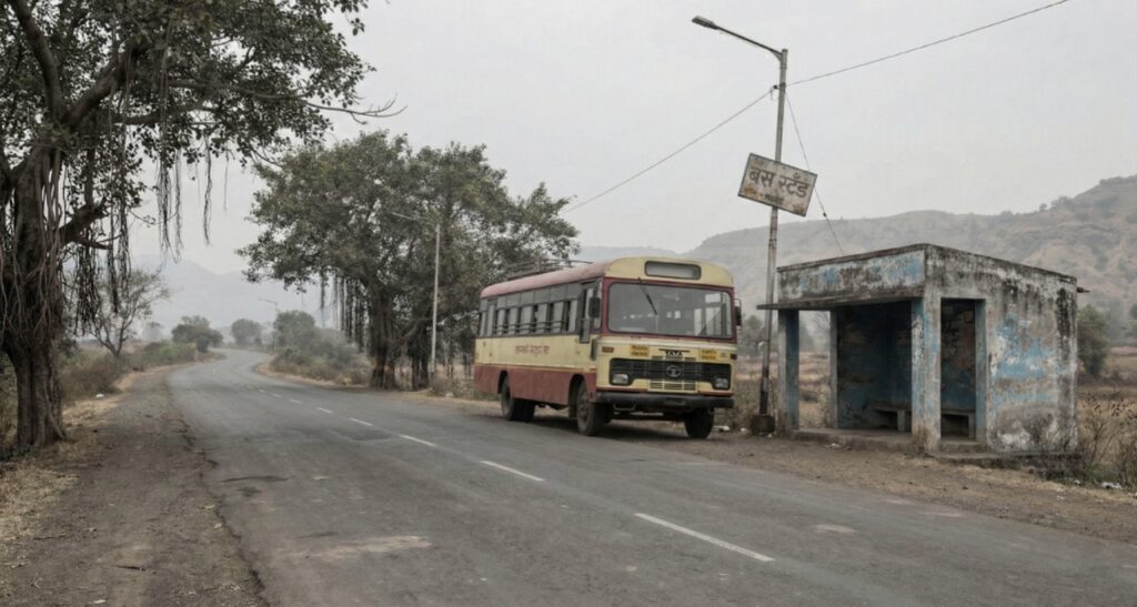 Empty rural road in Maharashtra with a state transport bus parked beside a weathered roadside shelter, surrounded by dry trees and distant hills under a muted grey sky.