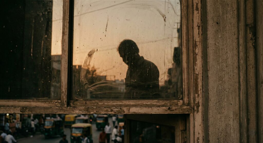 Silhouette of a man reflected in an old window at dusk, overlooking a busy Indian street below, with peeling paint and warm evening tones.